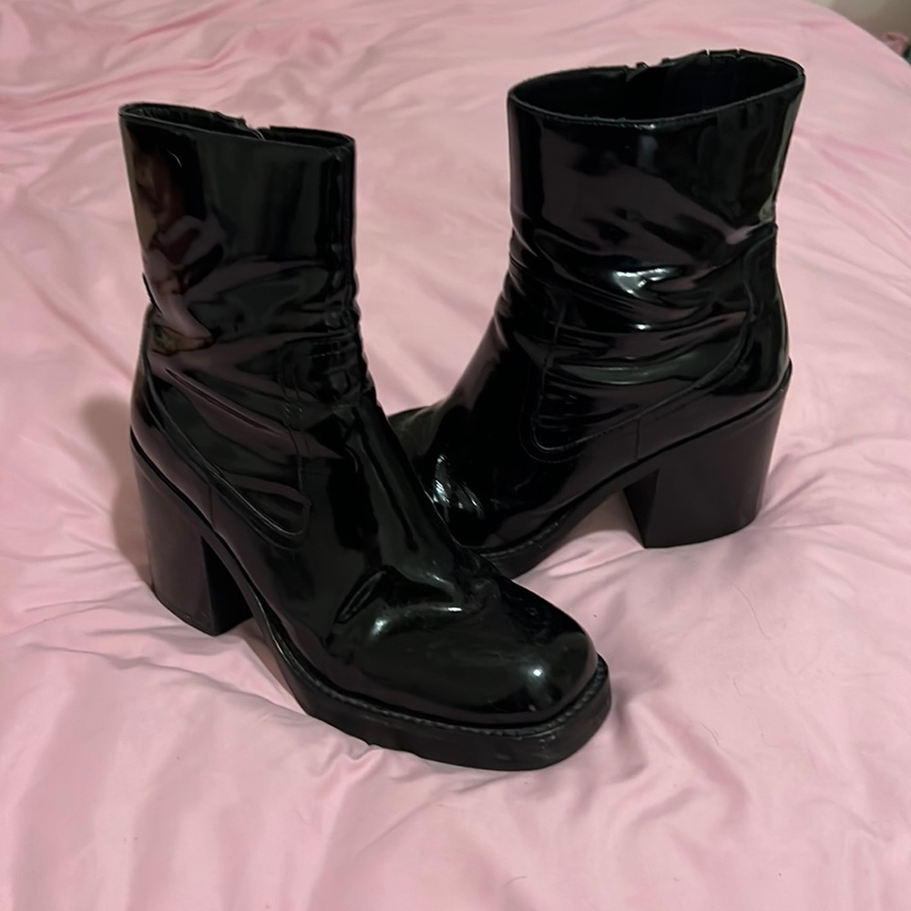Jeffrey Campbell Black Patent Leather Chunky Heel Ankle Boots